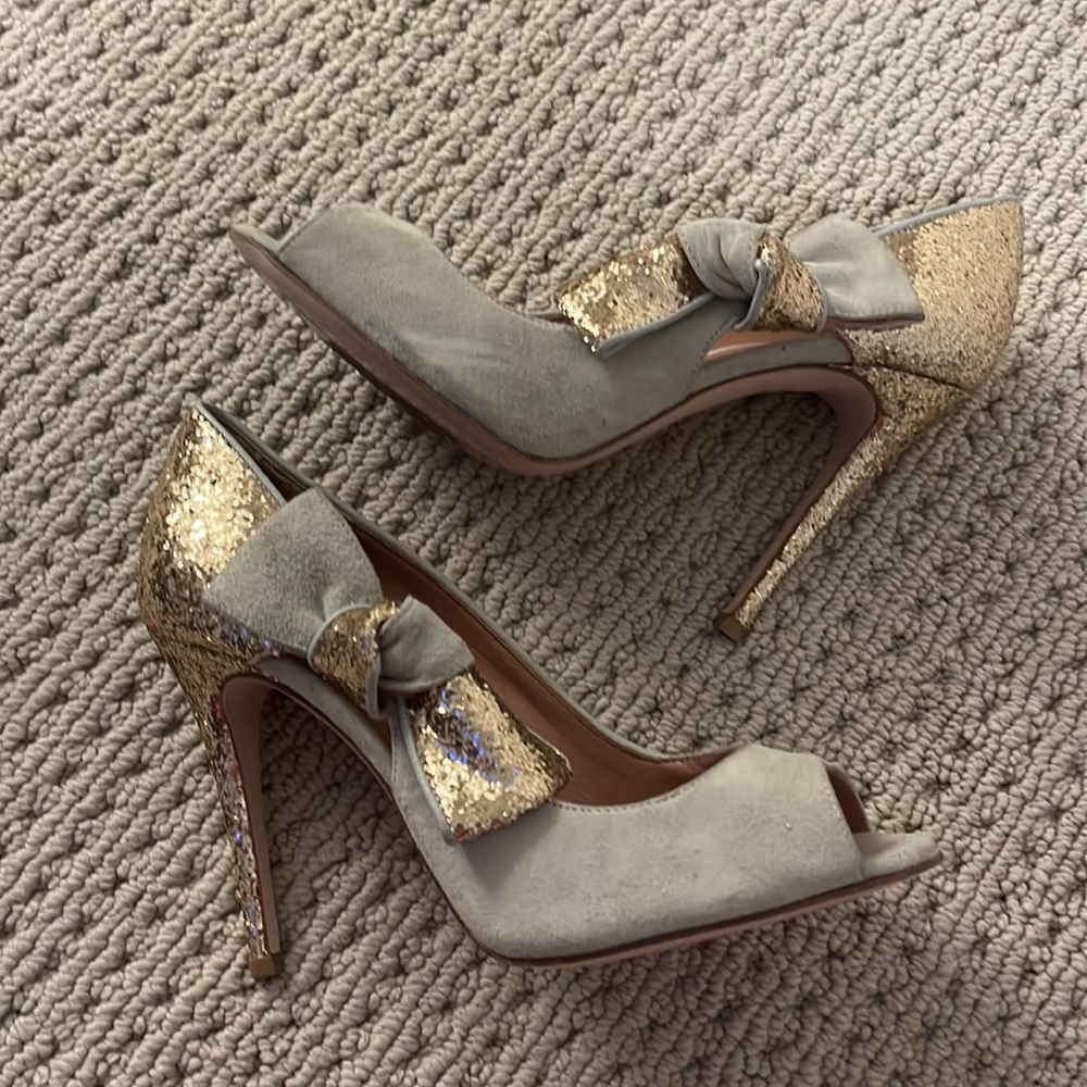 Red V Valentino Red Glitter sequin bow suede heels